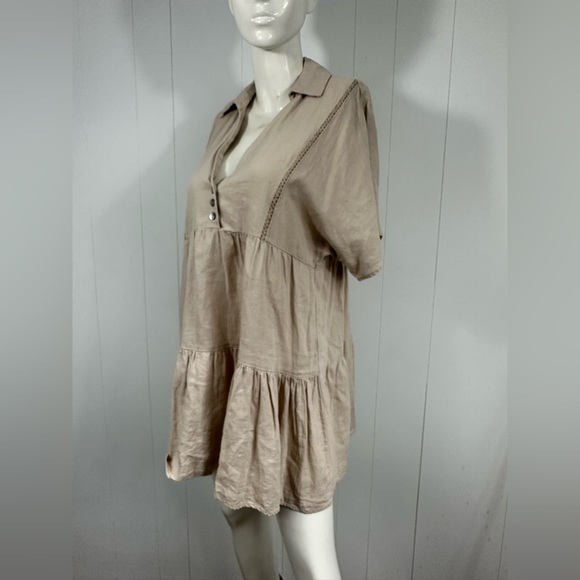 ZARA Women M Beige V neck Half Button Short Sleeve Boho Linen Blend Mini Dress - Picture 3 of 11